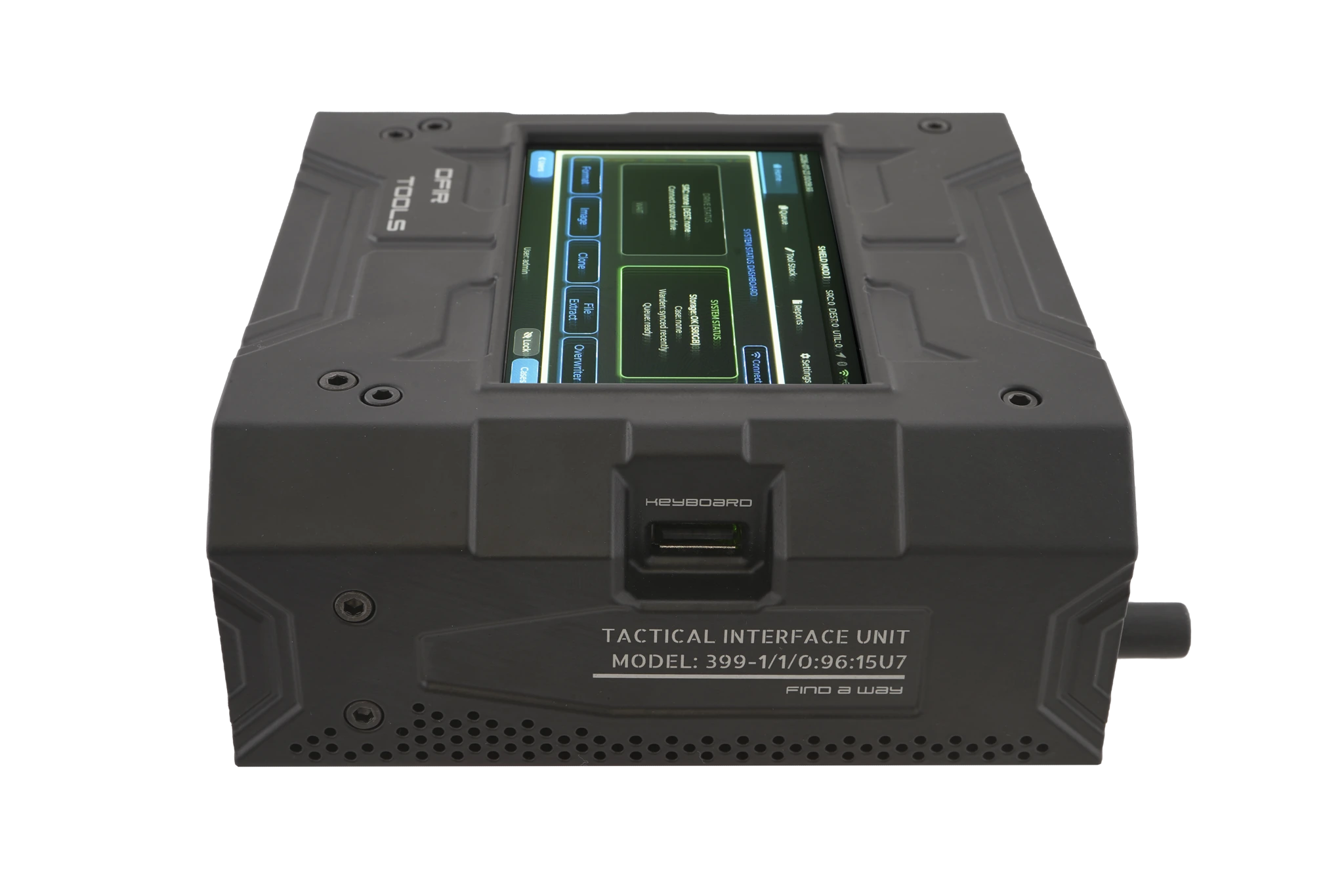 Side profile and external-keyboard connection shown on the Shield-399 unit