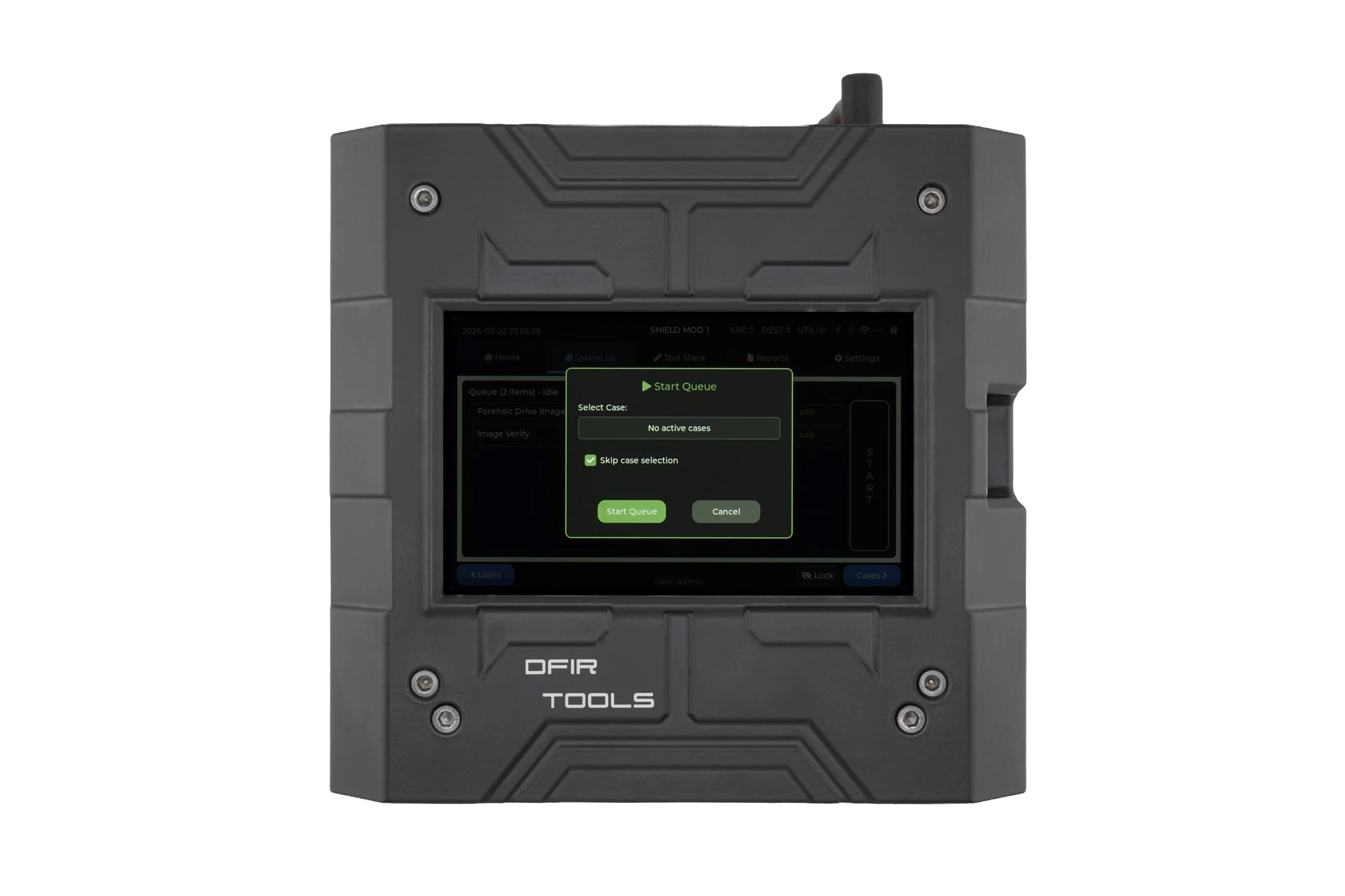 Start queue without a selected case shown on the Shield-399 unit