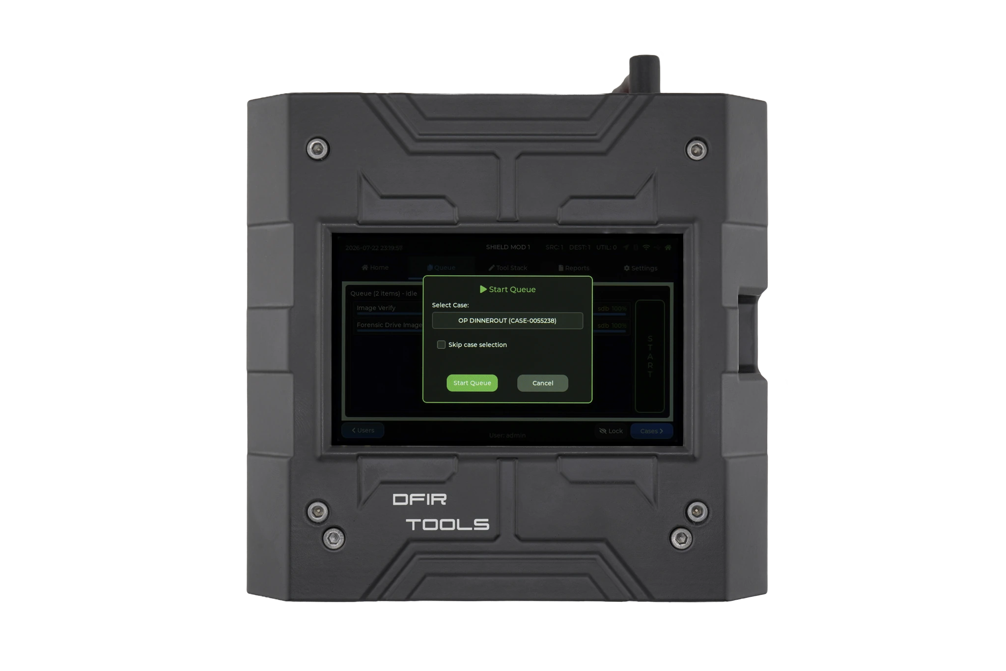 Start the prepared queue shown on the Shield-399 unit