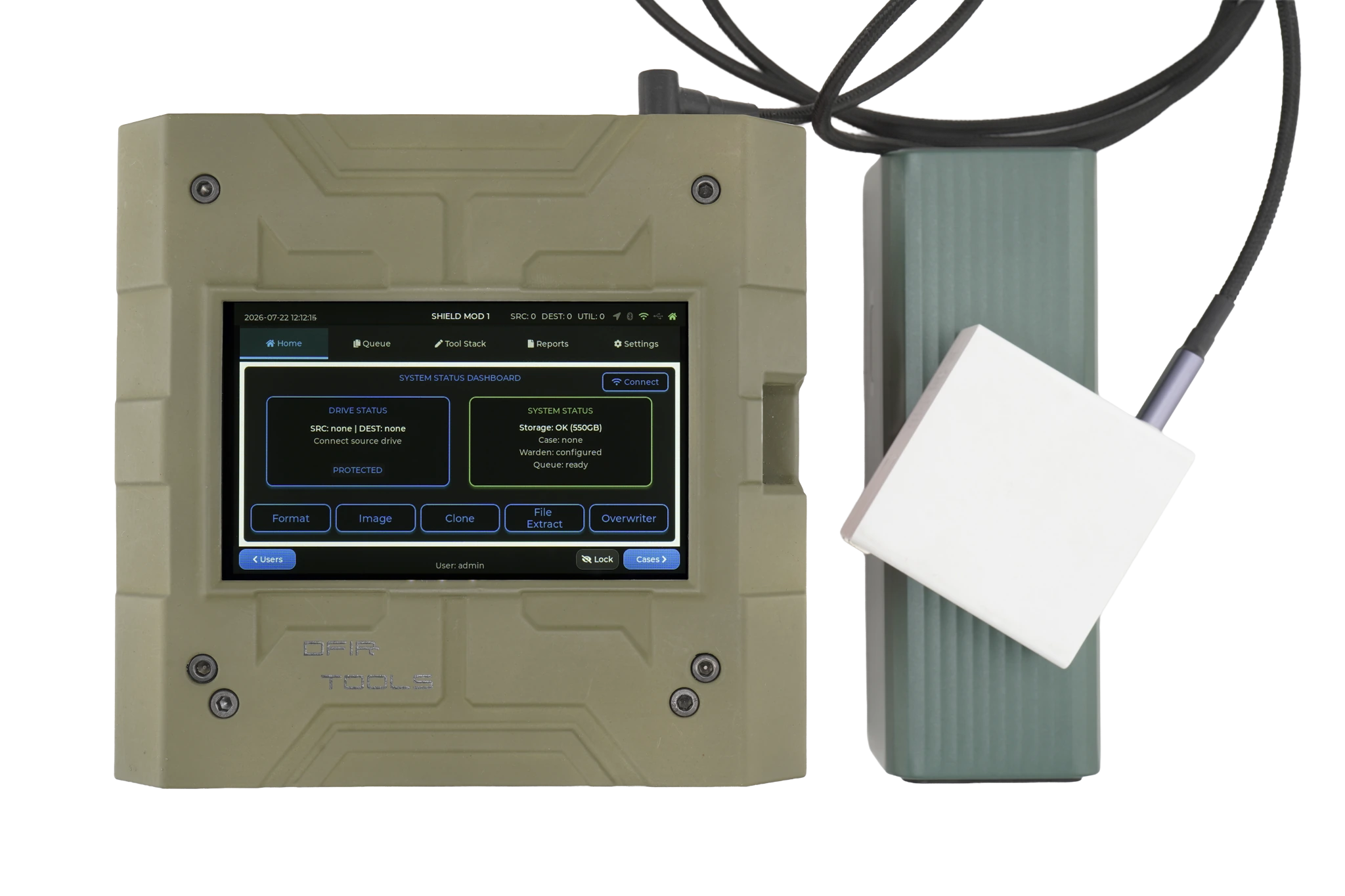 Green Shield-399 with field battery and power brick shown on the Shield-399 unit