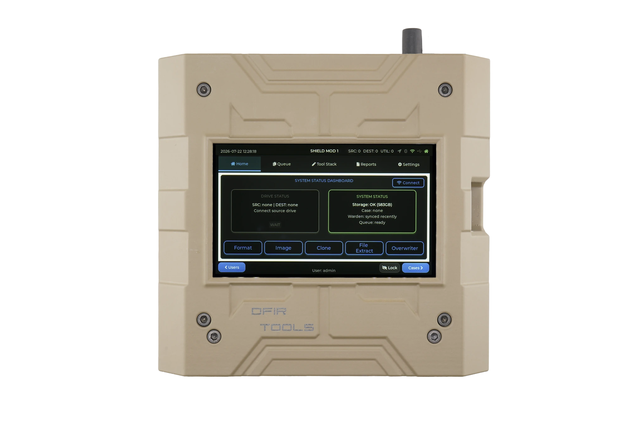 Tan Shield-399 home screen shown on the Shield-399 unit