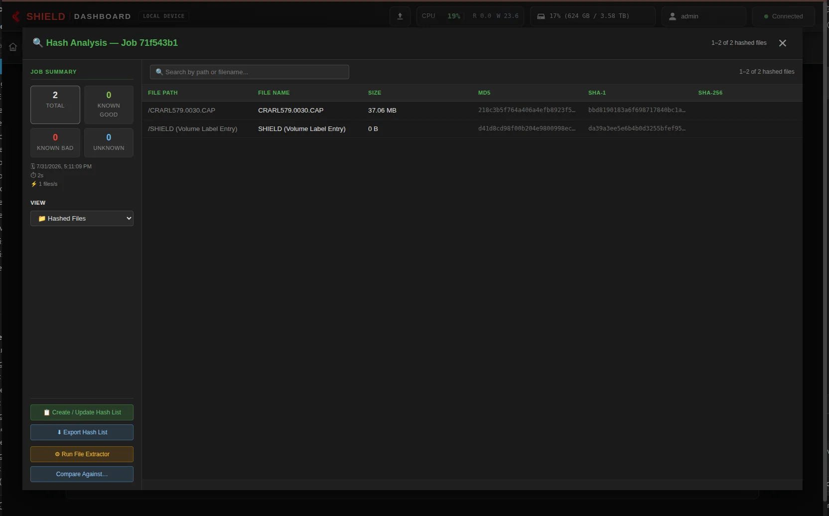 Shield-399 dashboard: Hash analysis job