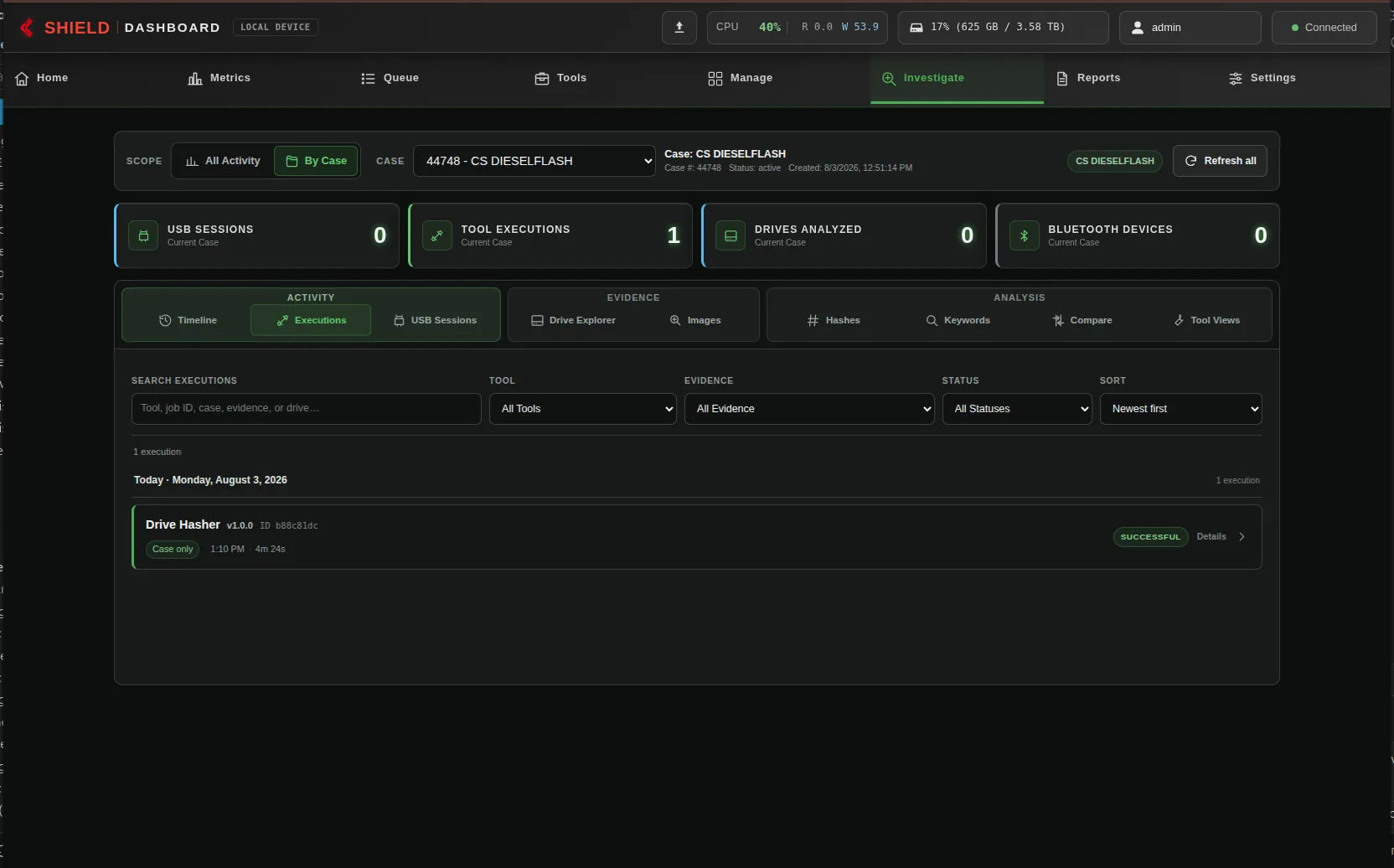 Shield-399 dashboard: Case executions