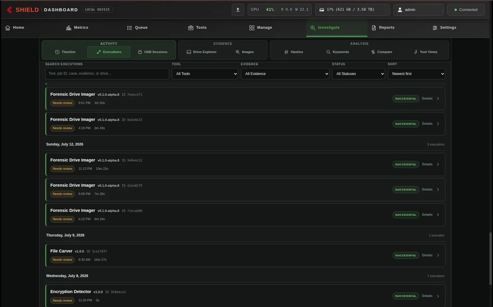 Shield-399 dashboard: Execution history