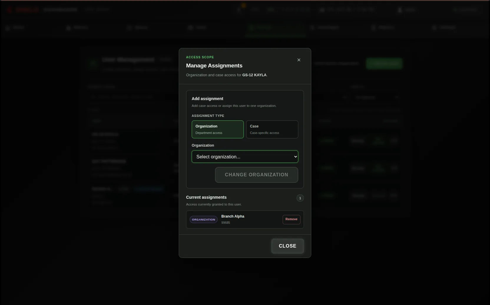 Shield-399 dashboard: Assignment controls