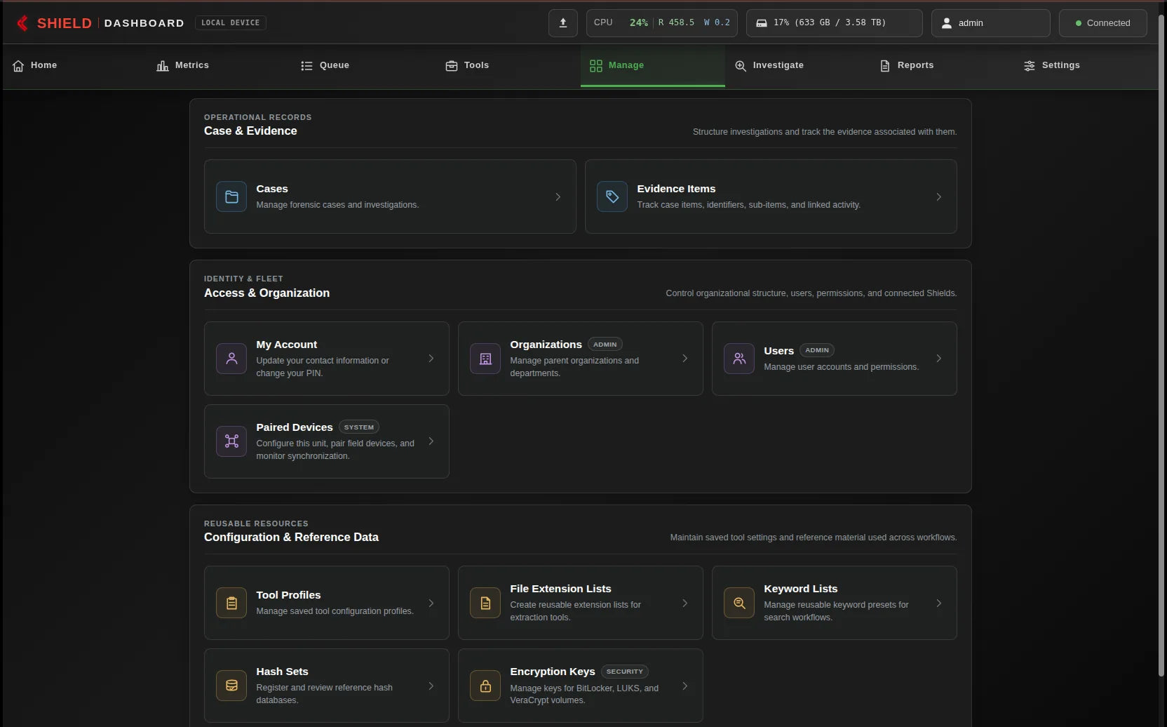 Shield-399 dashboard: Manage menu