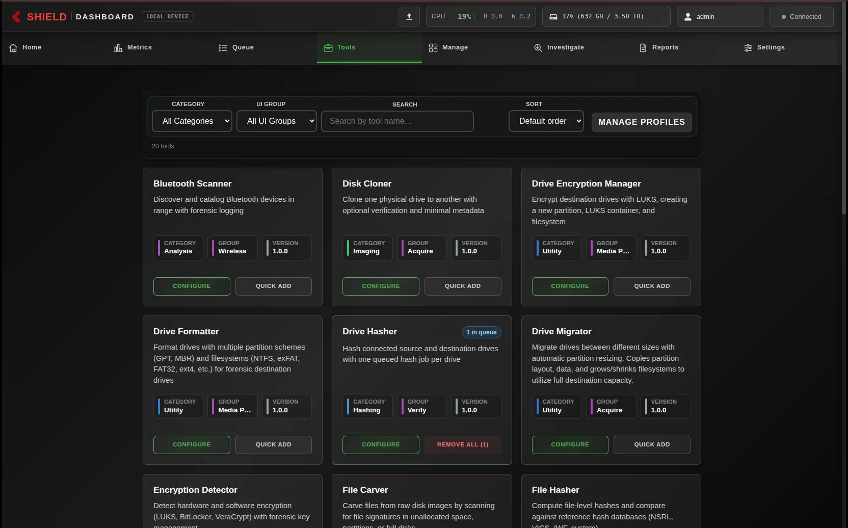 Shield-399 dashboard: Tool catalog