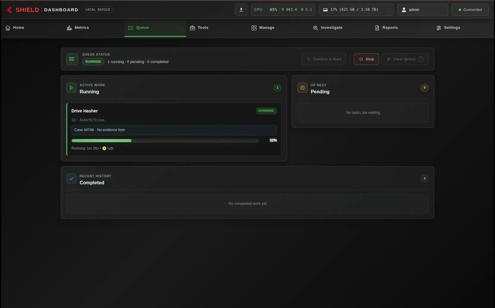 Shield-399 dashboard: Active hashing queue