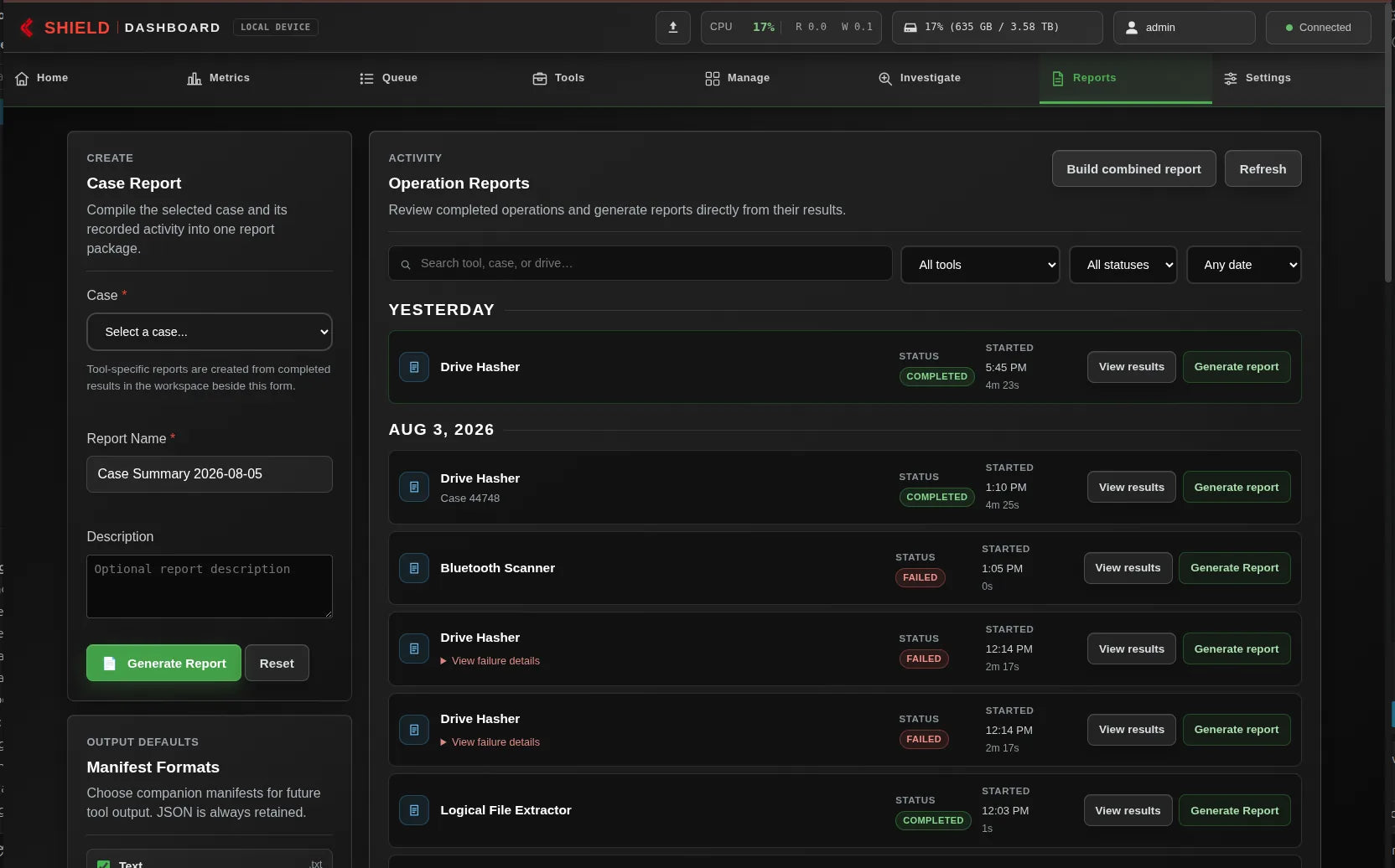 Shield-399 dashboard: Case and execution reports