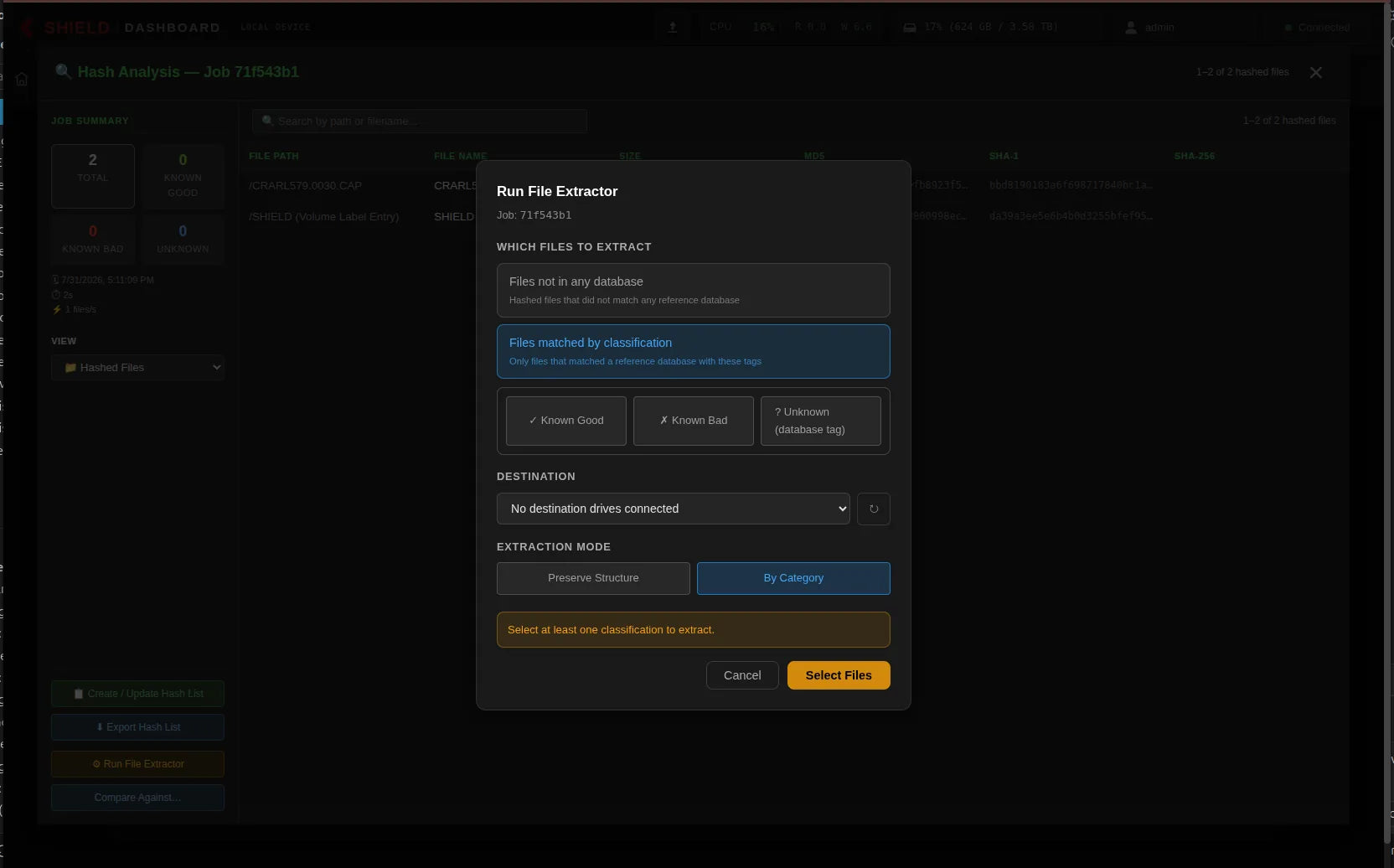 Shield-399 dashboard: File extractor