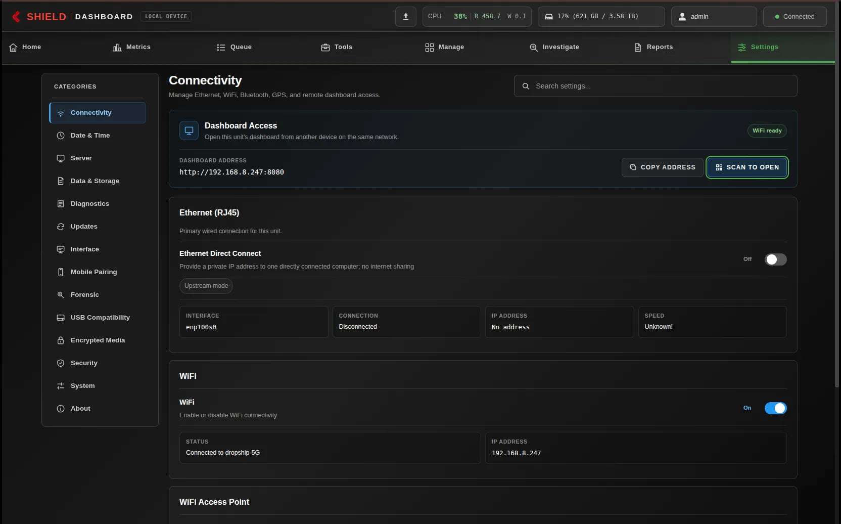 Shield-399 dashboard: Dashboard access