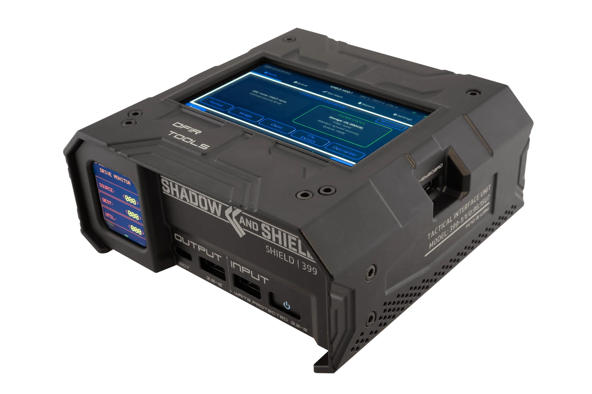Three-quarter view of a black Shield-399 digital-forensics unit
