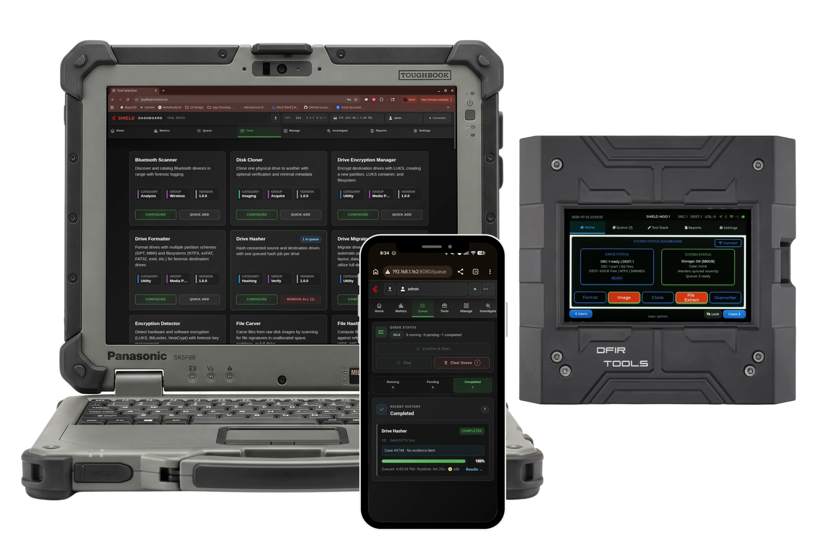 Shield-399 unit with the Network Dashboard shown on a laptop and mobile device