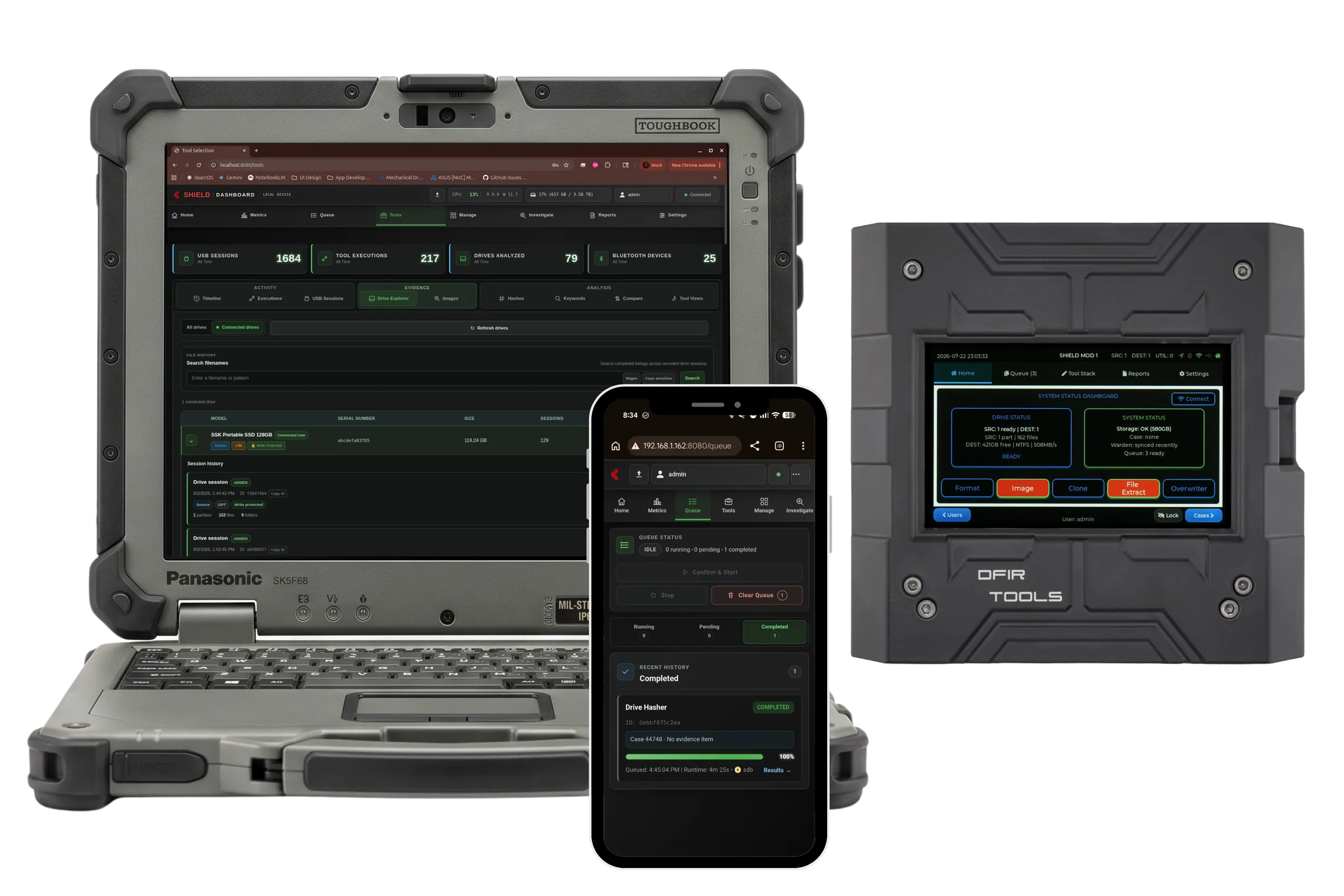Shield-399 platform shown across a rugged laptop, mobile phone, and unit touchscreen