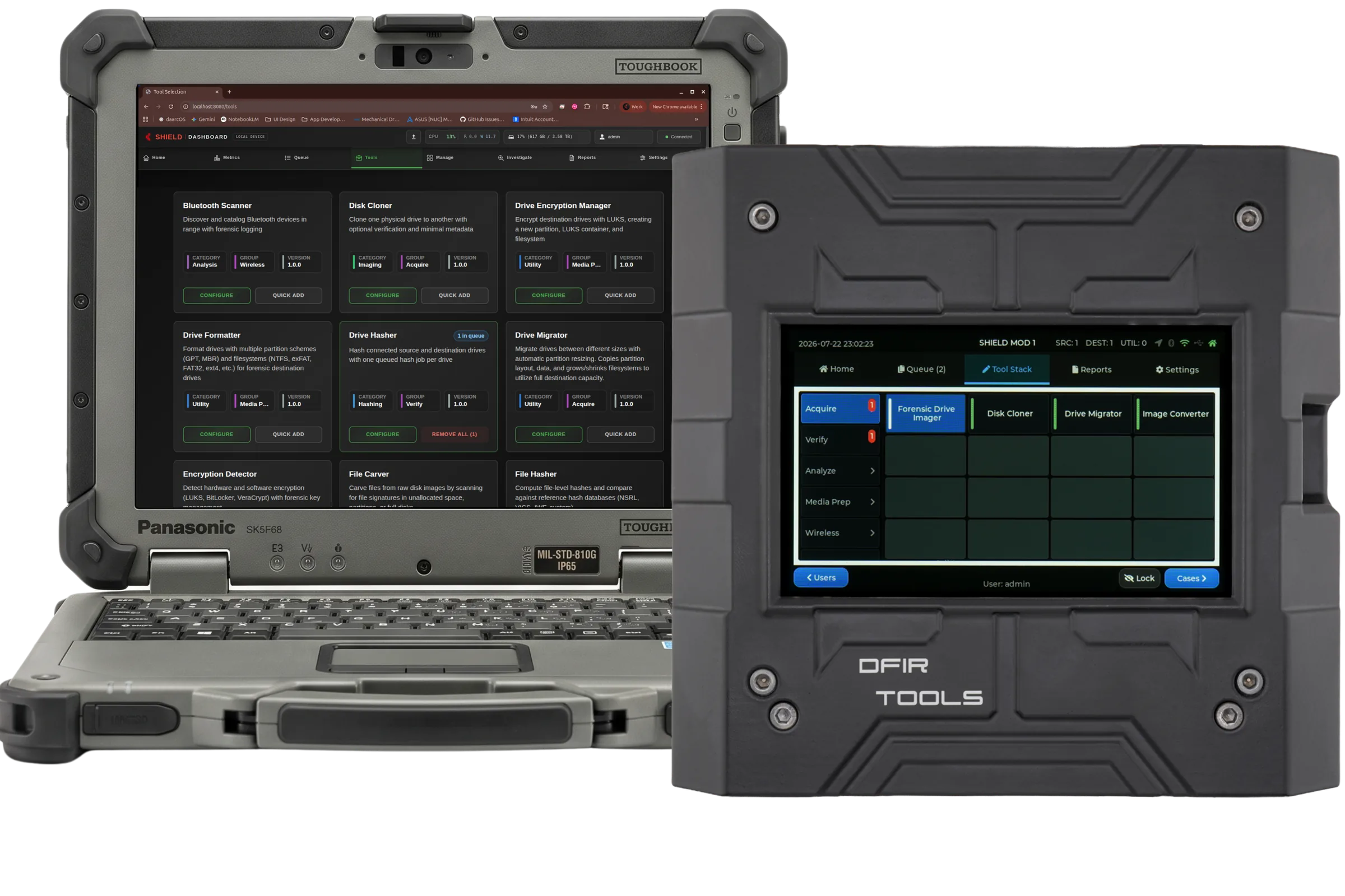 Rugged laptop displaying the Shield-399 dashboard tool catalog beside a Shield-399 unit