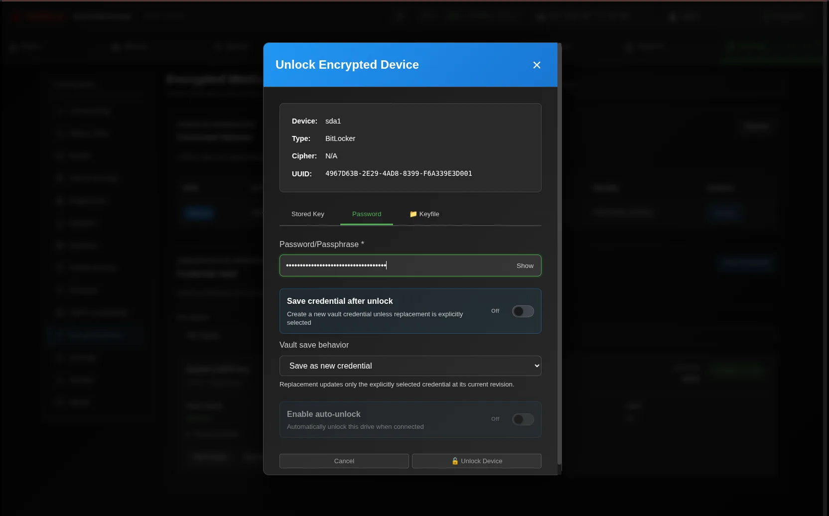 Shield-399 dashboard: Encrypted-device access
