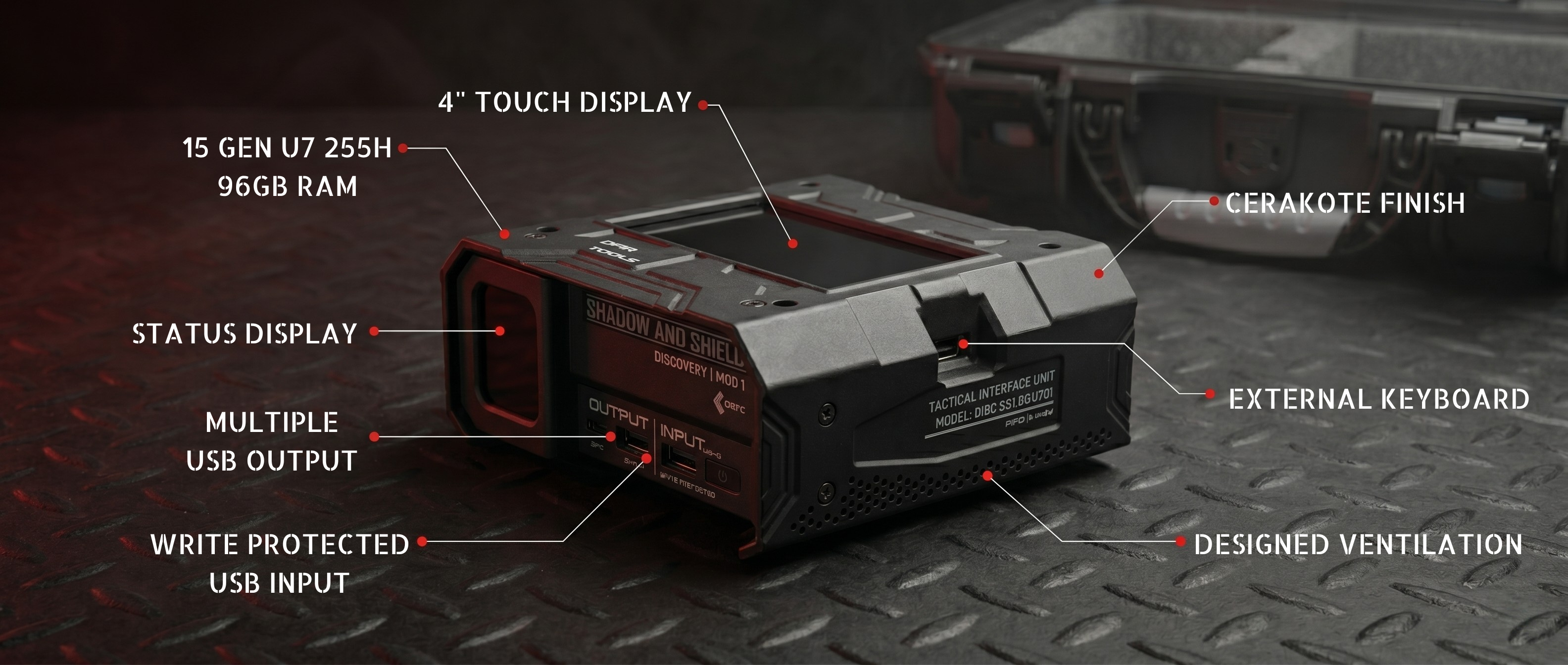 Shield 399 forensic appliance with labeled hardware callouts